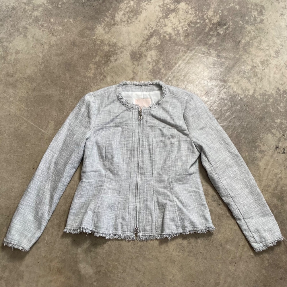Rebecca Taylor Womens Size 10 Blazer Gray Fringe Trim Tweed Zip Front Jacket